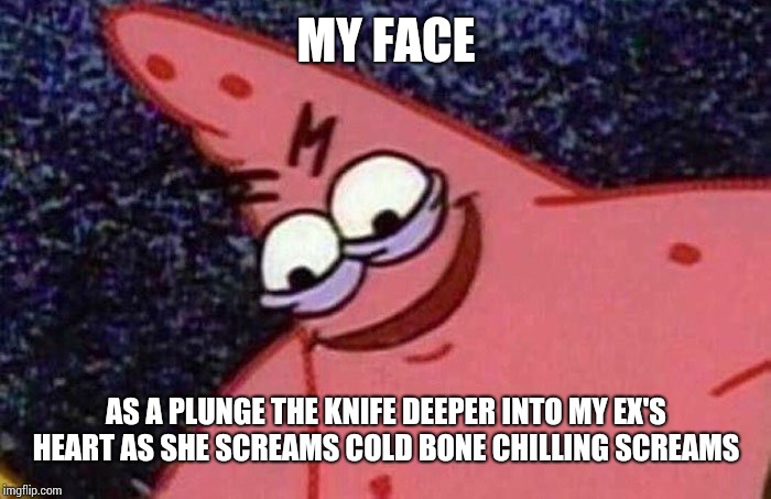 Evil Patrick  | MY FACE; AS A PLUNGE THE KNIFE DEEPER INTO MY EX'S HEART AS SHE SCREAMS COLD BONE CHILLING SCREAMS | image tagged in evil patrick | made w/ Imgflip meme maker