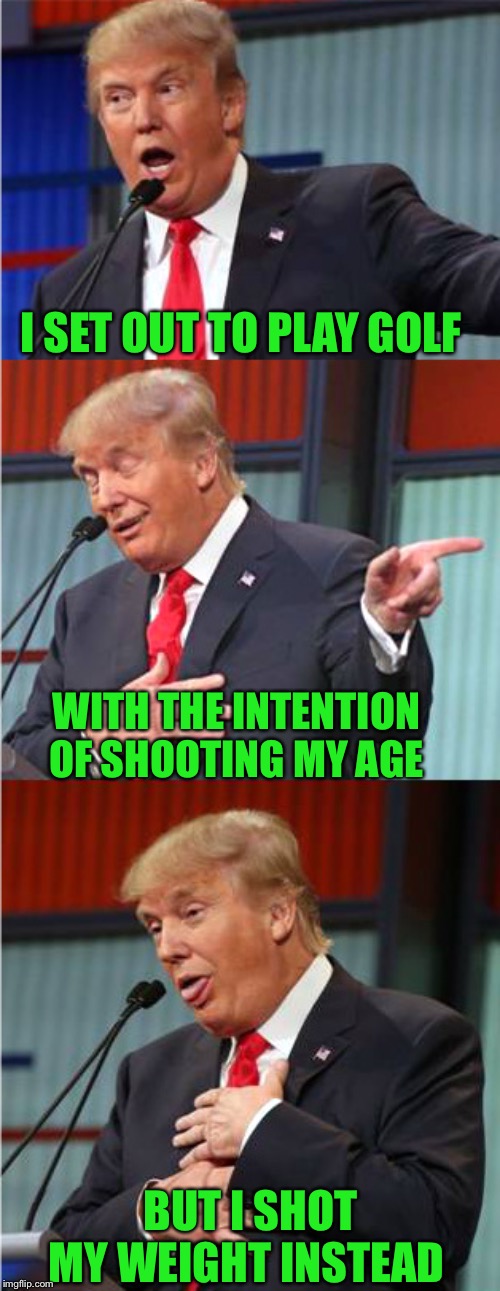 Bad Pun Trump | I SET OUT TO PLAY GOLF; WITH THE INTENTION OF SHOOTING MY AGE; BUT I SHOT MY WEIGHT INSTEAD | image tagged in bad pun trump,trump golfing,puns,shooting,high,score | made w/ Imgflip meme maker