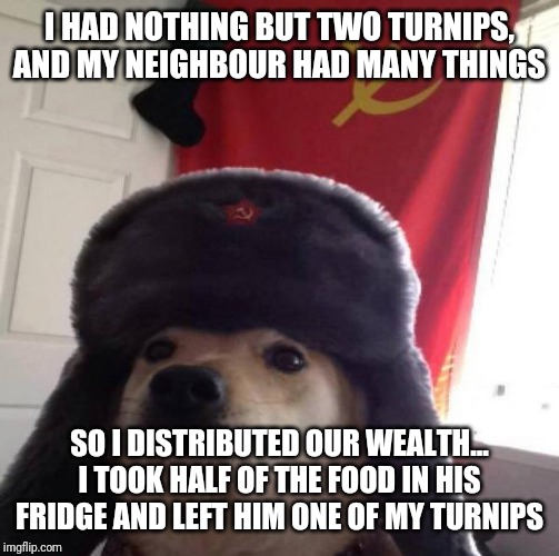 Russian Doge | I HAD NOTHING BUT TWO TURNIPS, AND MY NEIGHBOUR HAD MANY THINGS; SO I DISTRIBUTED OUR WEALTH... I TOOK HALF OF THE FOOD IN HIS FRIDGE AND LEFT HIM ONE OF MY TURNIPS | image tagged in russian doge | made w/ Imgflip meme maker