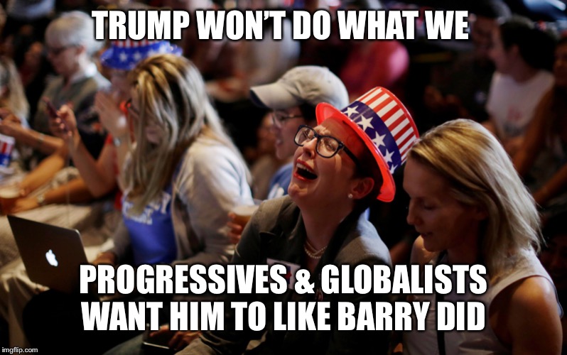 crying democrats | TRUMP WON’T DO WHAT WE; PROGRESSIVES & GLOBALISTS WANT HIM TO LIKE BARRY DID | image tagged in crying democrats | made w/ Imgflip meme maker