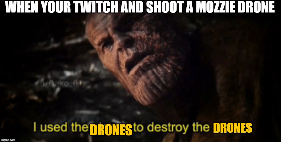 I used the stones to destroy the stones | WHEN YOUR TWITCH AND SHOOT A MOZZIE DRONE; DRONES; DRONES | image tagged in i used the stones to destroy the stones | made w/ Imgflip meme maker