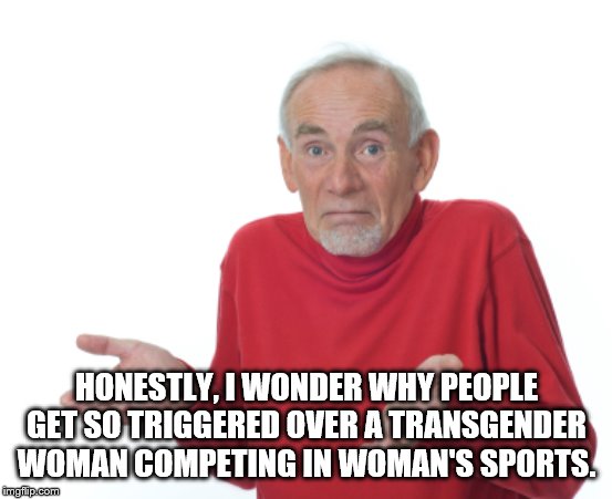 Guess I'll die  | HONESTLY, I WONDER WHY PEOPLE GET SO TRIGGERED OVER A TRANSGENDER WOMAN COMPETING IN WOMAN'S SPORTS. | image tagged in guess i'll die | made w/ Imgflip meme maker