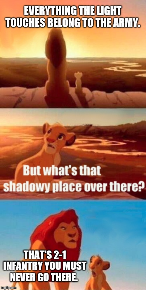 Simba Shadowy Place Meme | EVERYTHING THE LIGHT TOUCHES BELONG TO THE ARMY. THAT'S 2-1 INFANTRY YOU MUST NEVER GO THERE. | image tagged in memes,simba shadowy place | made w/ Imgflip meme maker