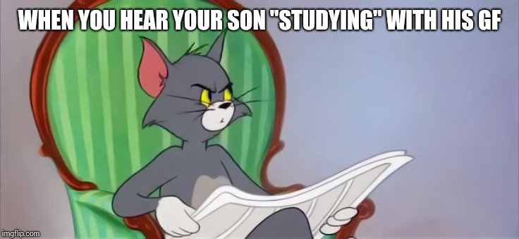 Tom Cat Reading a newspaper | WHEN YOU HEAR YOUR SON "STUDYING" WITH HIS GF | image tagged in tom cat reading a newspaper | made w/ Imgflip meme maker