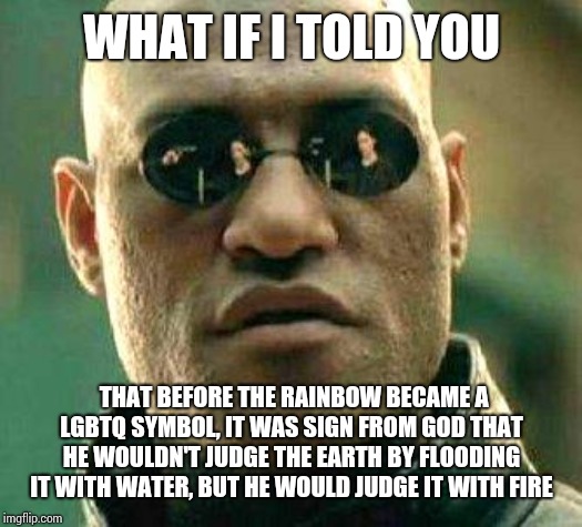 What the pride symbol really means | WHAT IF I TOLD YOU; THAT BEFORE THE RAINBOW BECAME A LGBTQ SYMBOL, IT WAS SIGN FROM GOD THAT HE WOULDN'T JUDGE THE EARTH BY FLOODING IT WITH WATER, BUT HE WOULD JUDGE IT WITH FIRE | image tagged in what if i told you | made w/ Imgflip meme maker