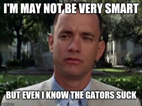 Forest gump | I'M MAY NOT BE VERY SMART; BUT EVEN I KNOW THE GATORS SUCK | image tagged in forest gump | made w/ Imgflip meme maker