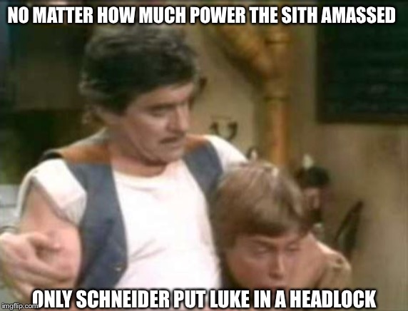 Darth Schneider | NO MATTER HOW MUCH POWER THE SITH AMASSED; ONLY SCHNEIDER PUT LUKE IN A HEADLOCK | image tagged in star wars,schneider,luke skywalker,memes,1970s,mark hamill | made w/ Imgflip meme maker