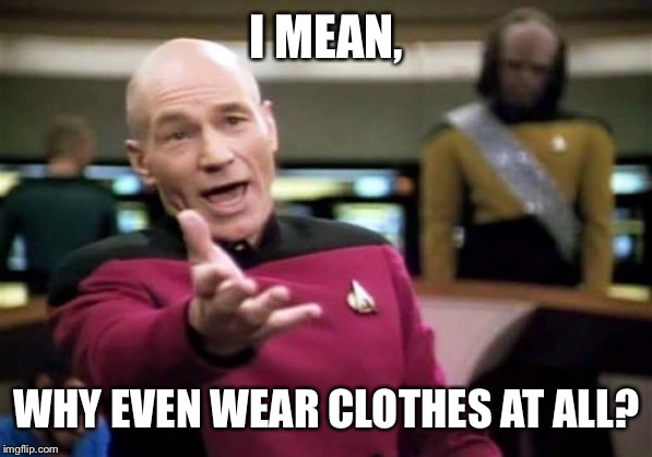 Picard Wtf Meme | I MEAN, WHY EVEN WEAR CLOTHES AT ALL? | image tagged in memes,picard wtf | made w/ Imgflip meme maker