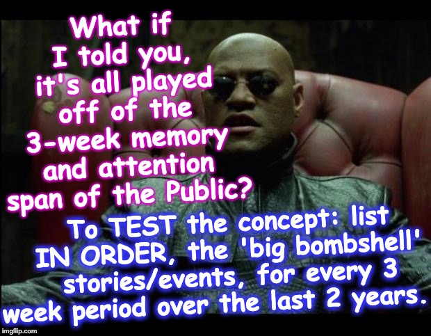 What if i told you | What if I told you, it's all played off of the 3-week memory and attention span of the Public? To TEST the concept: list IN ORDER, the 'big  | image tagged in what if i told you | made w/ Imgflip meme maker
