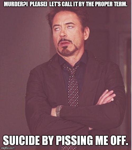 He's blunt, but he's got a point. | MURDER?!  PLEASE!  LET'S CALL IT BY THE PROPER TERM. SUICIDE BY PISSING ME OFF. | image tagged in memes,face you make robert downey jr | made w/ Imgflip meme maker