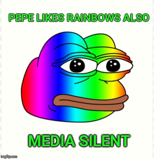 PEPE LIKES RAINBOWS ALSO; MEDIA SILENT | image tagged in pepe,rainbow,media | made w/ Imgflip meme maker