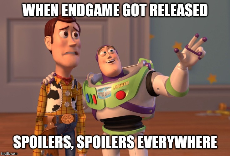 X, X Everywhere | WHEN ENDGAME GOT RELEASED; SPOILERS, SPOILERS EVERYWHERE | image tagged in memes,x x everywhere | made w/ Imgflip meme maker