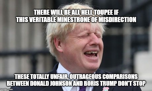 Boris Johnson | THERE WILL BE ALL HELL TOUPEE IF THIS VERITABLE MINESTRONE OF MISDIRECTION; THESE TOTALLY UNFAIR, OUTRAGEOUS COMPARISONS BETWEEN DONALD JOHNSON AND BORIS TRUMP DON'T STOP | image tagged in boris johnson | made w/ Imgflip meme maker