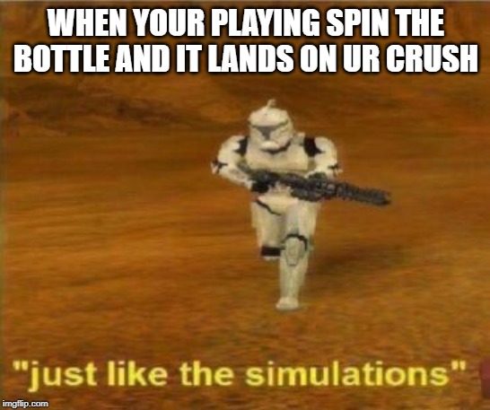 Just like the simulations |  WHEN YOUR PLAYING SPIN THE BOTTLE AND IT LANDS ON UR CRUSH | image tagged in just like the simulations | made w/ Imgflip meme maker