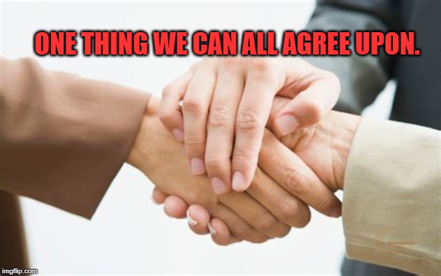 Triple handshake | ONE THING WE CAN ALL AGREE UPON. | image tagged in triple handshake | made w/ Imgflip meme maker