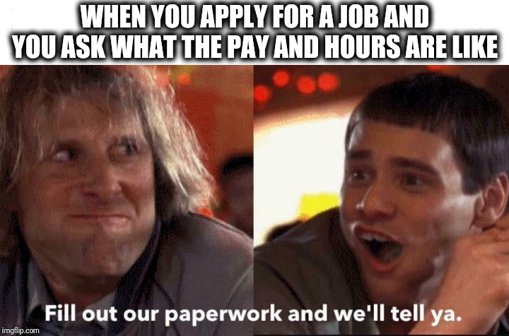 Dumb and dumber | WHEN YOU APPLY FOR A JOB AND YOU ASK WHAT THE PAY AND HOURS ARE LIKE | image tagged in retail,dumb and dumber,jim carrey | made w/ Imgflip meme maker