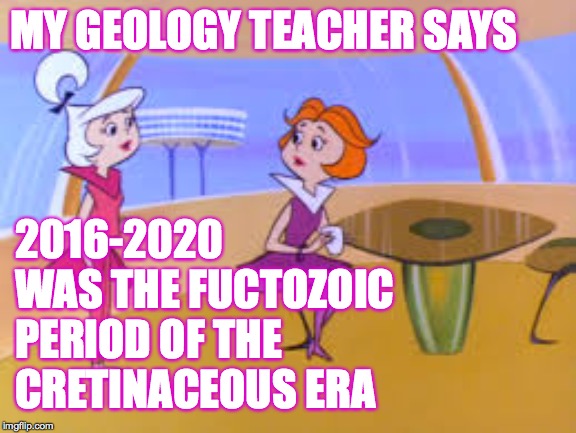 Distance lends perspective  ( : | MY GEOLOGY TEACHER SAYS; 2016-2020 WAS THE FUCTOZOIC PERIOD OF THE CRETINACEOUS ERA | image tagged in memes,geology 101,jetsons | made w/ Imgflip meme maker