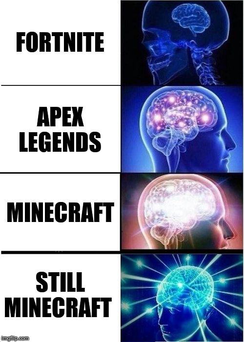 Expanding Brain | FORTNITE; APEX LEGENDS; MINECRAFT; STILL MINECRAFT | image tagged in memes,expanding brain | made w/ Imgflip meme maker