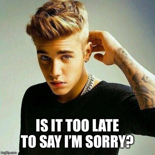 Justin Bieber | IS IT TOO LATE TO SAY I’M SORRY? | image tagged in justin bieber | made w/ Imgflip meme maker