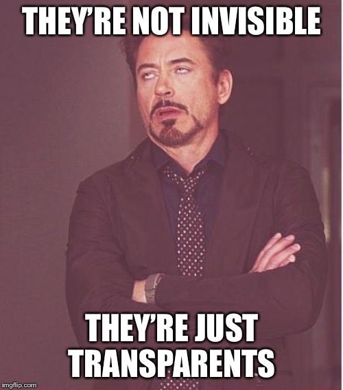 Face You Make Robert Downey Jr Meme | THEY’RE NOT INVISIBLE THEY’RE JUST TRANSPARENTS | image tagged in memes,face you make robert downey jr | made w/ Imgflip meme maker
