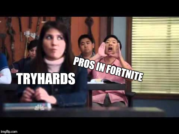 ha gay | PROS IN FORTNITE; TRYHARDS | image tagged in ha gay | made w/ Imgflip meme maker
