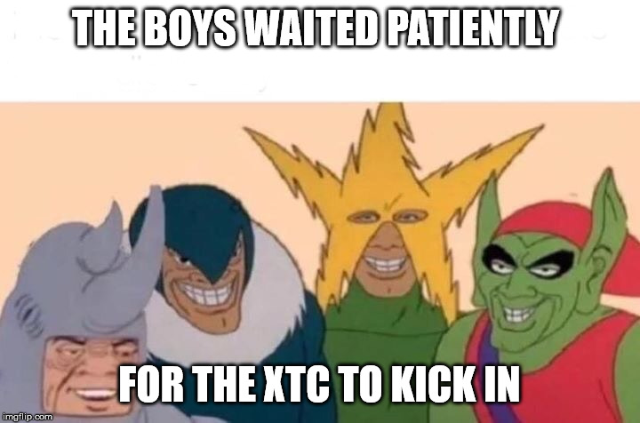 Me And The Boys Meme | THE BOYS WAITED PATIENTLY; FOR THE XTC TO KICK IN | image tagged in memes,me and the boys | made w/ Imgflip meme maker