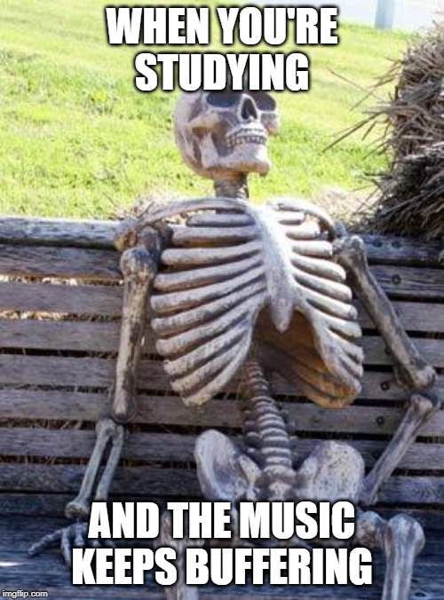 Waiting Skeleton | WHEN YOU'RE STUDYING; AND THE MUSIC KEEPS BUFFERING | image tagged in memes,waiting skeleton | made w/ Imgflip meme maker