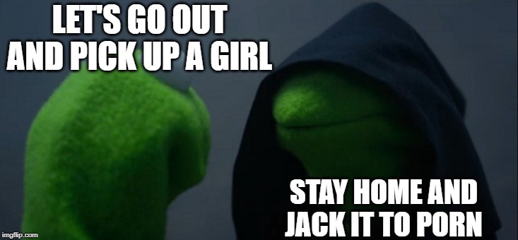 Ugh, Choices... | LET'S GO OUT AND PICK UP A GIRL; STAY HOME AND JACK IT TO PORN | image tagged in memes,evil kermit | made w/ Imgflip meme maker