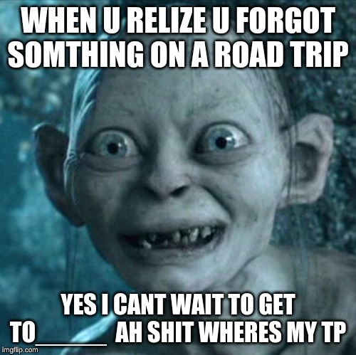 Gollum Meme | WHEN U RELIZE U FORGOT SOMTHING ON A ROAD TRIP; YES I CANT WAIT TO GET TO_____  AH SHIT WHERES MY TP | image tagged in memes,gollum | made w/ Imgflip meme maker
