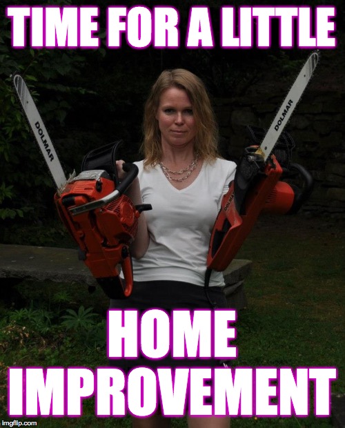 Chainsaw Chick | TIME FOR A LITTLE HOME IMPROVEMENT | image tagged in chainsaw chick | made w/ Imgflip meme maker