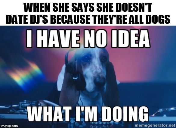 Dog DJ | WHEN SHE SAYS SHE DOESN'T DATE DJ'S BECAUSE THEY'RE ALL DOGS | image tagged in dog dj | made w/ Imgflip meme maker