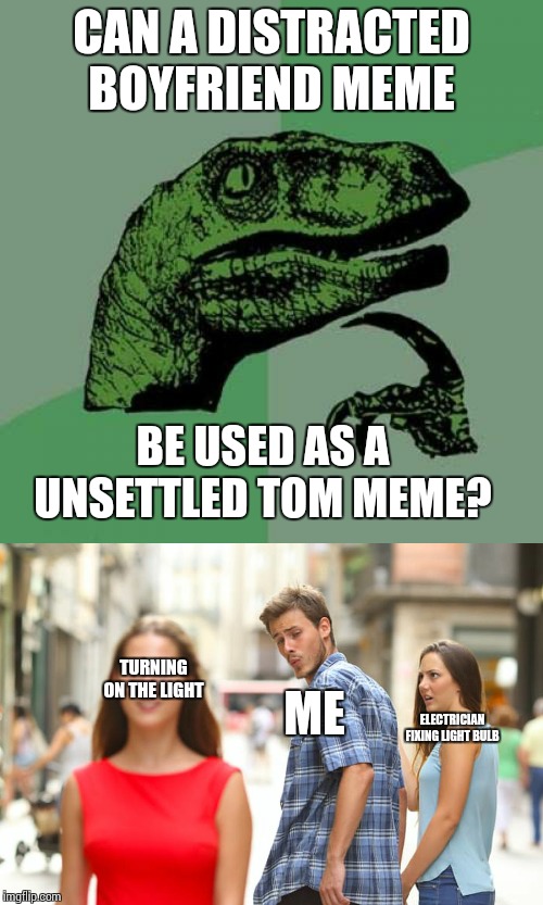 CAN A DISTRACTED BOYFRIEND MEME; BE USED AS A UNSETTLED TOM MEME? ME; TURNING ON THE LIGHT; ELECTRICIAN FIXING LIGHT BULB | image tagged in memes,philosoraptor | made w/ Imgflip meme maker