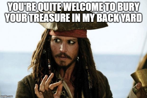 Jack Sparrow Pirate | YOU'RE QUITE WELCOME TO BURY YOUR TREASURE IN MY BACK YARD | image tagged in jack sparrow pirate | made w/ Imgflip meme maker