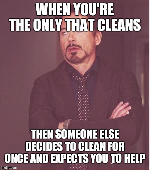 Face You Make Robert Downey Jr | WHEN YOU'RE THE ONLY THAT CLEANS; THEN SOMEONE ELSE DECIDES TO CLEAN FOR ONCE AND EXPECTS YOU TO HELP | image tagged in memes,face you make robert downey jr | made w/ Imgflip meme maker