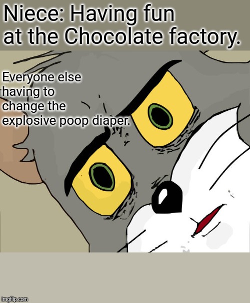 Unsettled Tom | Niece: Having fun at the Chocolate factory. Everyone else having to change the explosive poop diaper. | image tagged in memes,unsettled tom | made w/ Imgflip meme maker
