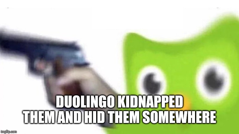 duolingo gun | DUOLINGO KIDNAPPED THEM AND HID THEM SOMEWHERE | image tagged in duolingo gun | made w/ Imgflip meme maker