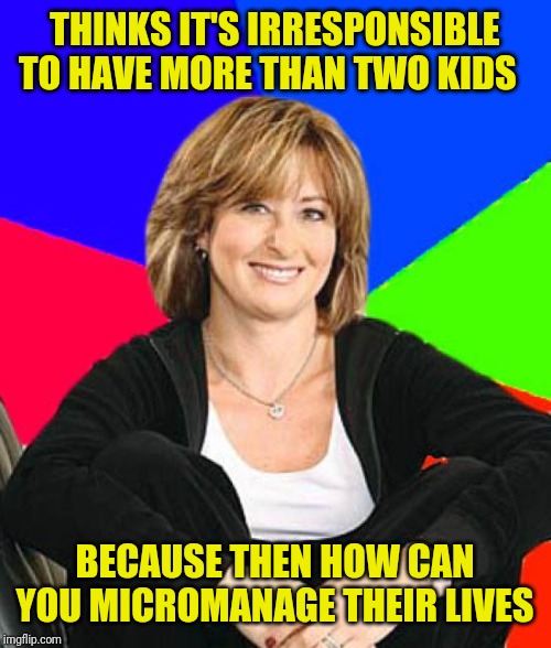 Sheltering Suburban Mom | THINKS IT'S IRRESPONSIBLE TO HAVE MORE THAN TWO KIDS; BECAUSE THEN HOW CAN YOU MICROMANAGE THEIR LIVES | image tagged in memes,sheltering suburban mom | made w/ Imgflip meme maker