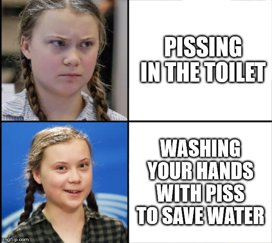 Greta the water-saving wizard | PISSING IN THE TOILET; WASHING YOUR HANDS WITH PISS TO SAVE WATER | image tagged in greta,water,environment,sweden,assburgers,potato | made w/ Imgflip meme maker