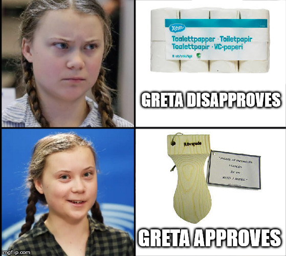 Toilet paper bad, butt shovel good | GRETA DISAPPROVES; GRETA APPROVES | image tagged in toilet paper,greta,sweden,environment,lunatic,assburgers | made w/ Imgflip meme maker
