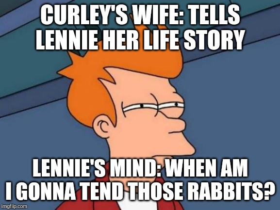 Futurama Fry Meme | CURLEY'S WIFE: TELLS LENNIE HER LIFE STORY; LENNIE'S MIND: WHEN AM I GONNA TEND THOSE RABBITS? | image tagged in memes,futurama fry | made w/ Imgflip meme maker