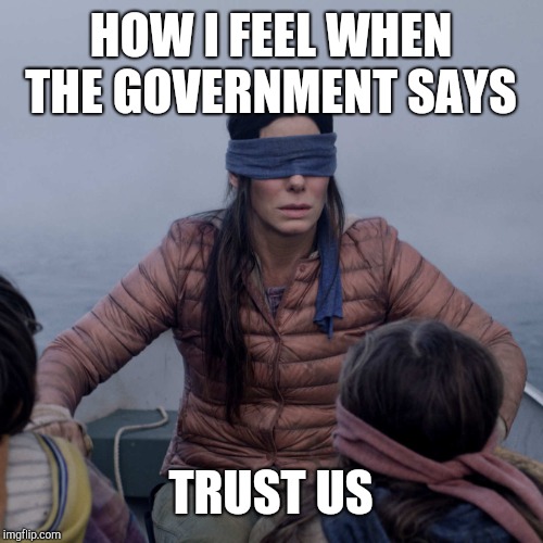 Bird Box | HOW I FEEL WHEN THE GOVERNMENT SAYS; TRUST US | image tagged in memes,bird box | made w/ Imgflip meme maker