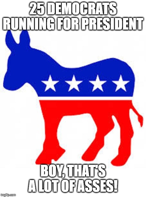 Democrat donkey | 25 DEMOCRATS RUNNING FOR PRESIDENT; BOY, THAT'S A LOT OF ASSES! | image tagged in democrat donkey | made w/ Imgflip meme maker