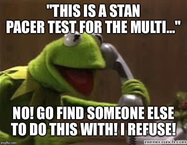 Kermit The Frog At Phone | "THIS IS A STAN PACER TEST FOR THE MULTI…"; NO! GO FIND SOMEONE ELSE TO DO THIS WITH! I REFUSE! | image tagged in kermit the frog at phone | made w/ Imgflip meme maker
