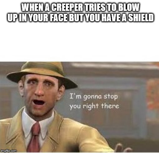 im going to stop you right there | WHEN A CREEPER TRIES TO BLOW UP IN YOUR FACE BUT YOU HAVE A SHIELD | image tagged in im going to stop you right there | made w/ Imgflip meme maker