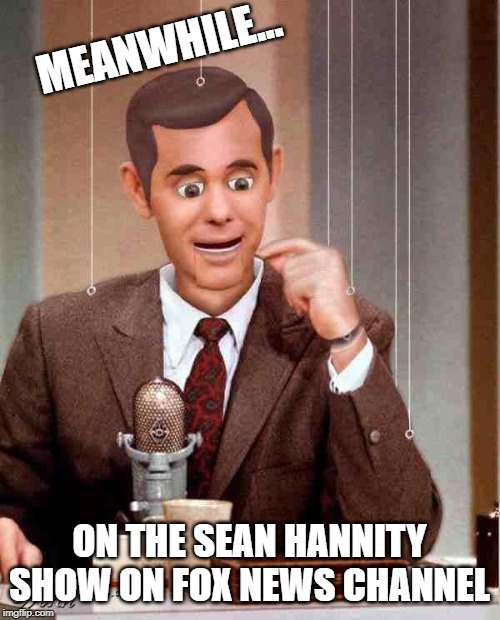 Talk Show Dummy | MEANWHILE... ON THE SEAN HANNITY SHOW ON FOX NEWS CHANNEL | image tagged in talk show dummy,sean hannity fox news | made w/ Imgflip meme maker