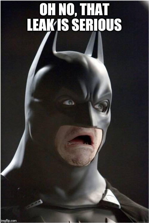 Batman Scared | OH NO, THAT LEAK IS SERIOUS | image tagged in batman scared | made w/ Imgflip meme maker
