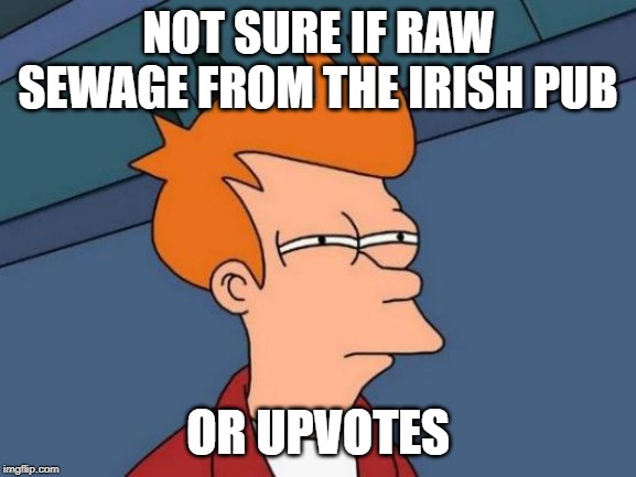 Futurama Fry Meme | NOT SURE IF RAW SEWAGE FROM THE IRISH PUB OR UPVOTES | image tagged in memes,futurama fry | made w/ Imgflip meme maker