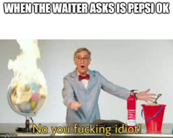 I prefer dr pepper, coke is ok, put pepsi pales in comparison | WHEN THE WAITER ASKS IS PEPSI OK | image tagged in no you fucking idiot,memes,pepsi,dr pepper,funny,is pepsi ok | made w/ Imgflip meme maker