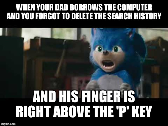 Ooh... Sonic's in trouble! | WHEN YOUR DAD BORROWS THE COMPUTER AND YOU FORGOT TO DELETE THE SEARCH HISTORY; AND HIS FINGER IS RIGHT ABOVE THE 'P' KEY | image tagged in sonic movie | made w/ Imgflip meme maker