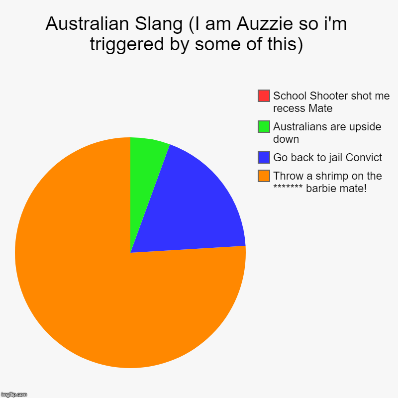 Australian Slang (I am Auzzie so i'm triggered by some of this) | Throw a shrimp on the ******* barbie mate!, Go back to jail Convict, Austr | image tagged in charts,pie charts | made w/ Imgflip chart maker